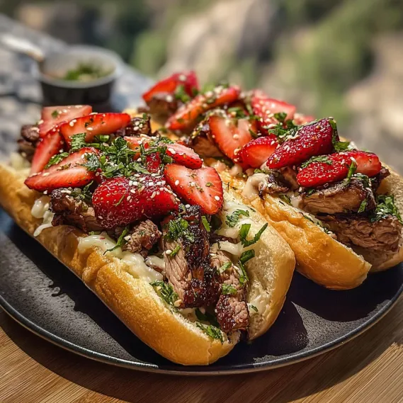 Two sandwiches with strawberries and meat on a plate.