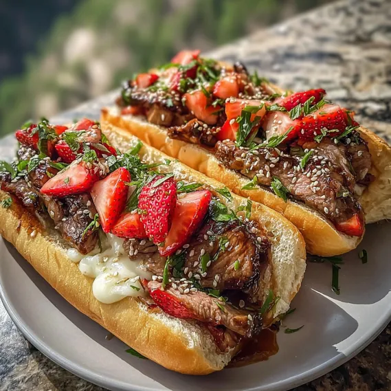 Two sandwiches with meat and strawberries on a plate.