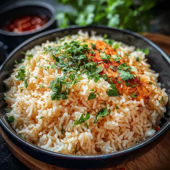 A bowl of rice with green vegetables.