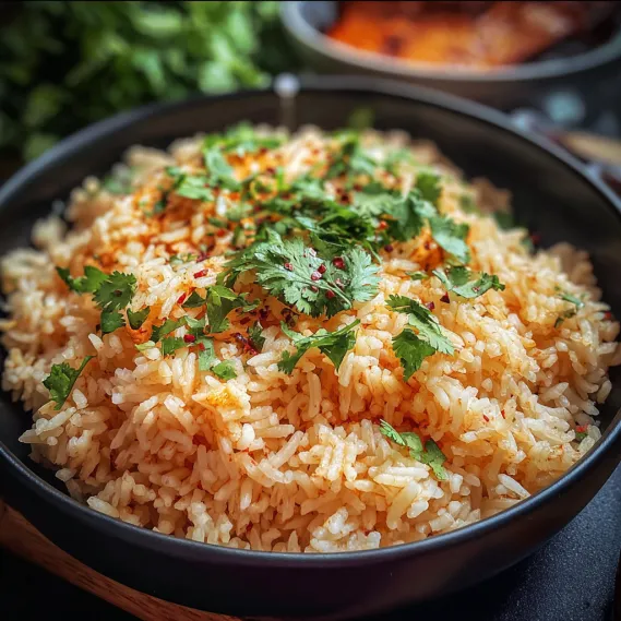 A bowl of rice with red peppers and herbs.