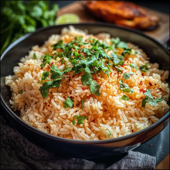 A bowl of rice with green and red toppings.