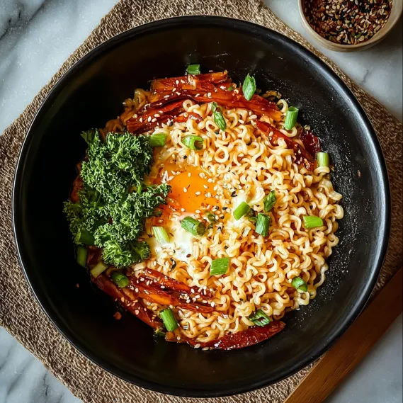 A bowl of noodles with an egg on top.