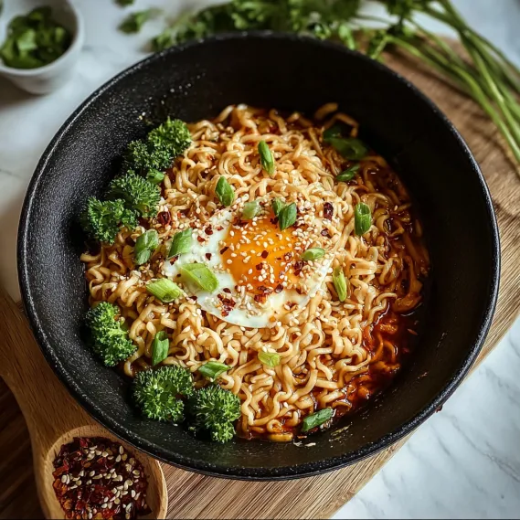 A bowl of noodles with an egg on top.