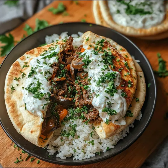 A plate of food with rice and meat.
