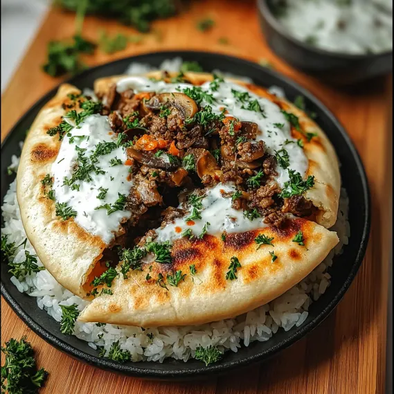 A plate of food with rice and meat.