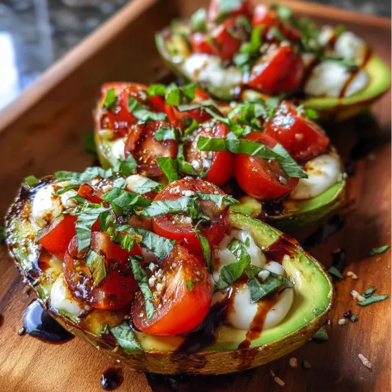 Two slices of avocado with tomatoes and cheese.