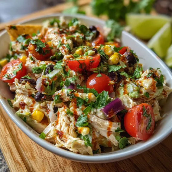 A bowl of food with tomatoes, corn, and lettuce.