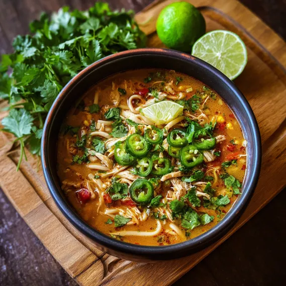 A bowl of soup with chicken and peppers.