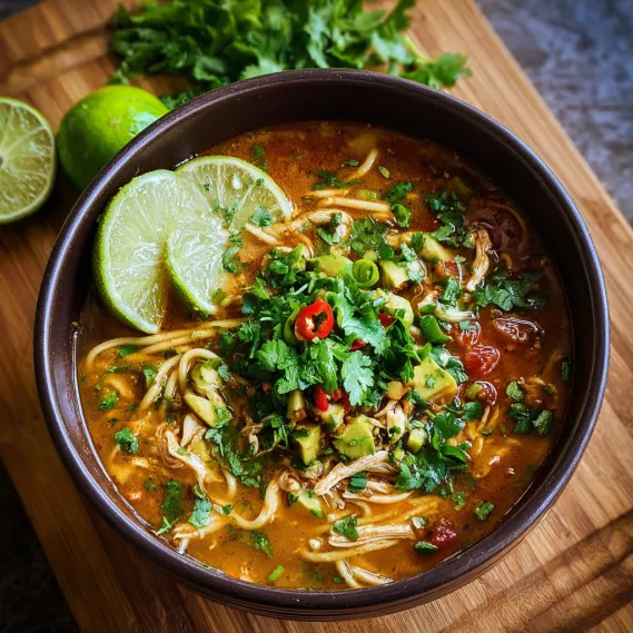 A bowl of soup with limes and avocado.