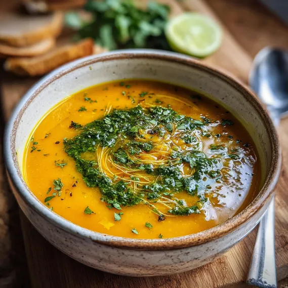 A bowl of soup with herbs and lime.