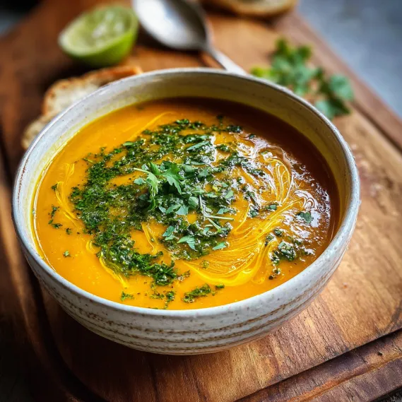 A bowl of soup with a spoon in it.