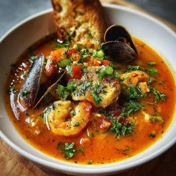 A bowl of soup with shrimp and bread.