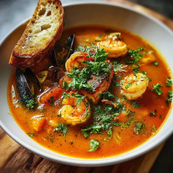 A bowl of soup with shrimp and bread.