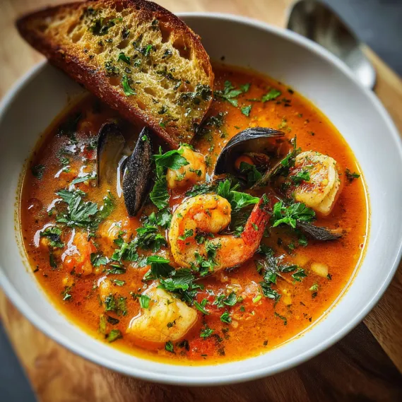 A bowl of soup with bread and shrimp.
