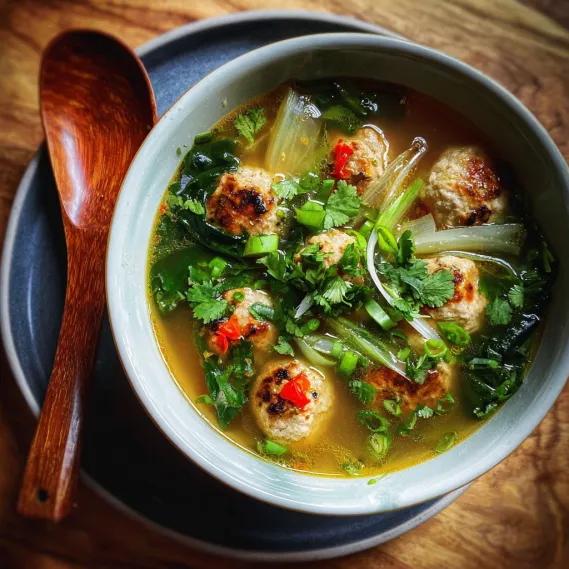 A bowl of soup with a spoon in it.