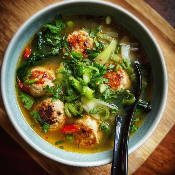 A bowl of soup with meatballs and vegetables.