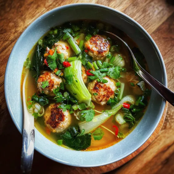 A bowl of soup with meatballs and vegetables.
