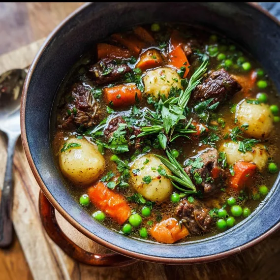 A bowl of soup with meat and vegetables.