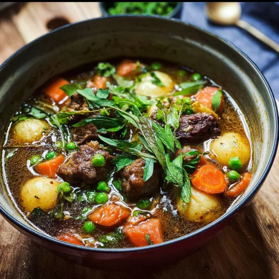 A bowl of soup with carrots and peas.