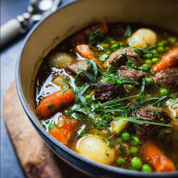 A bowl of soup with carrots and potatoes.
