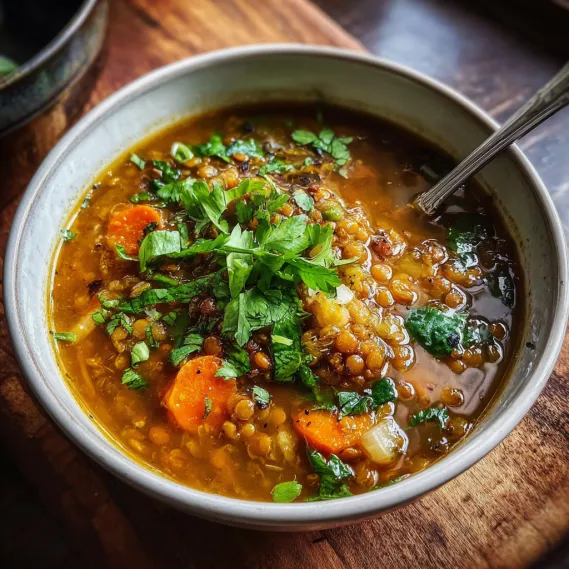 A bowl of soup with vegetables and herbs.