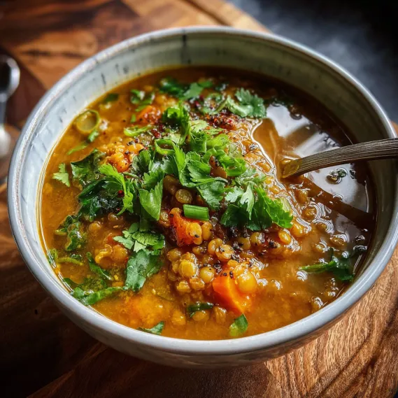 A bowl of soup with vegetables and spices.