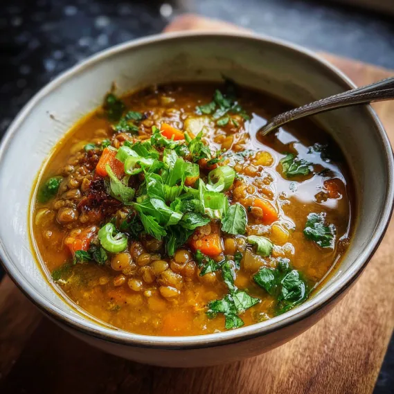 A bowl of soup with vegetables.