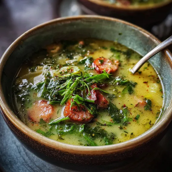A bowl of soup with green vegetables.
