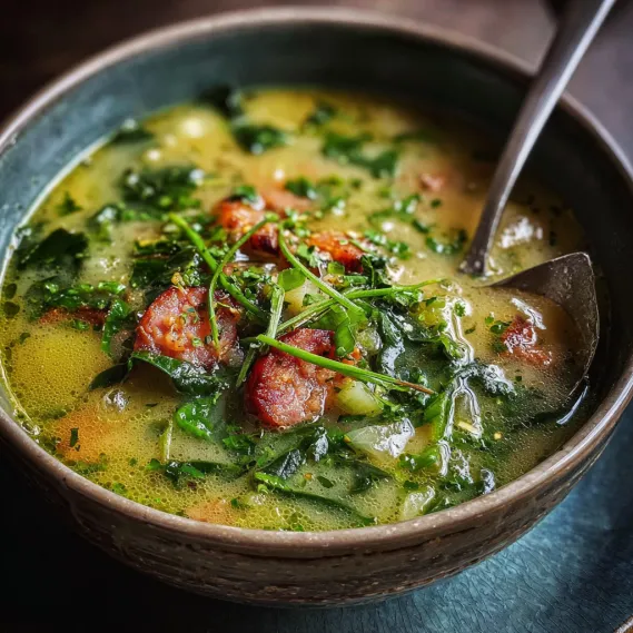 A bowl of soup with a spoon in it.