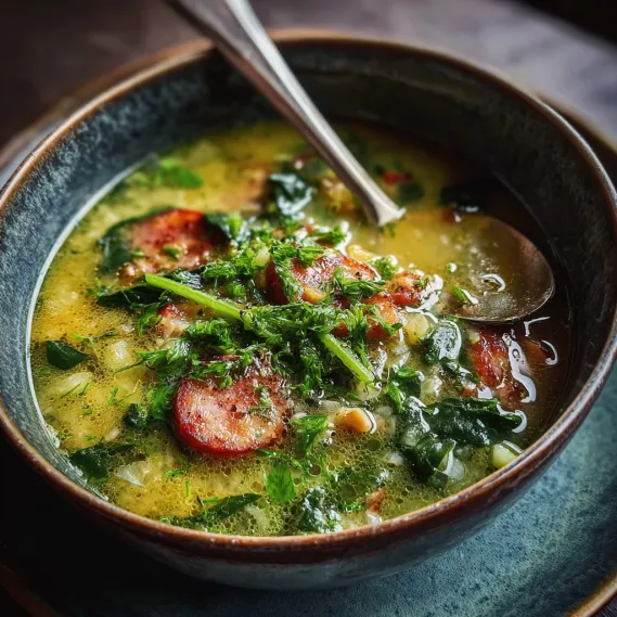 A bowl of soup with a spoon in it.