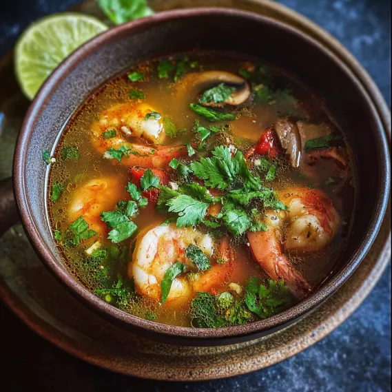 A bowl of soup with shrimp and vegetables.