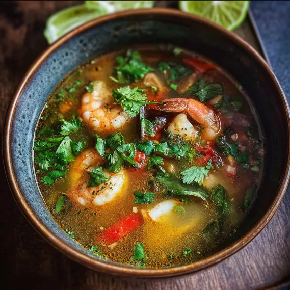 A bowl of soup with shrimp and vegetables.