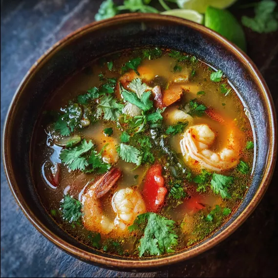 A bowl of soup with shrimp and vegetables.