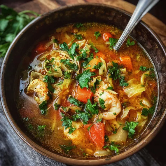 A bowl of soup with vegetables and shrimp.