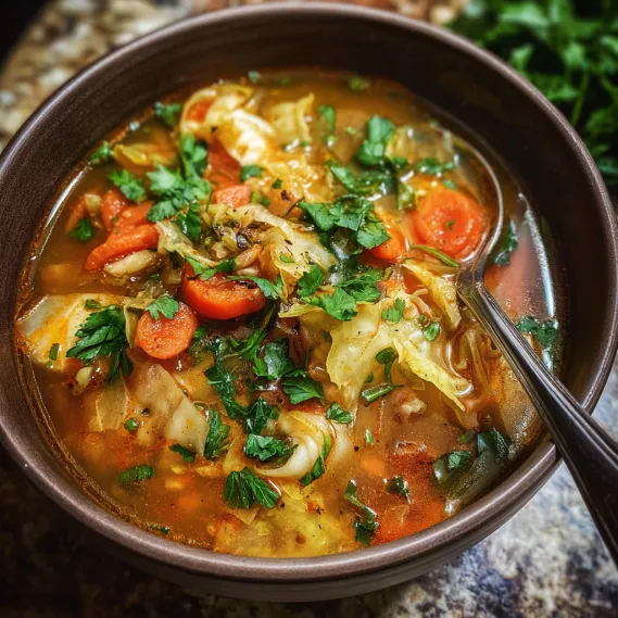 A bowl of soup with vegetables and herbs.