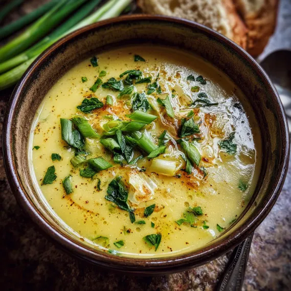 A bowl of soup with green vegetables.