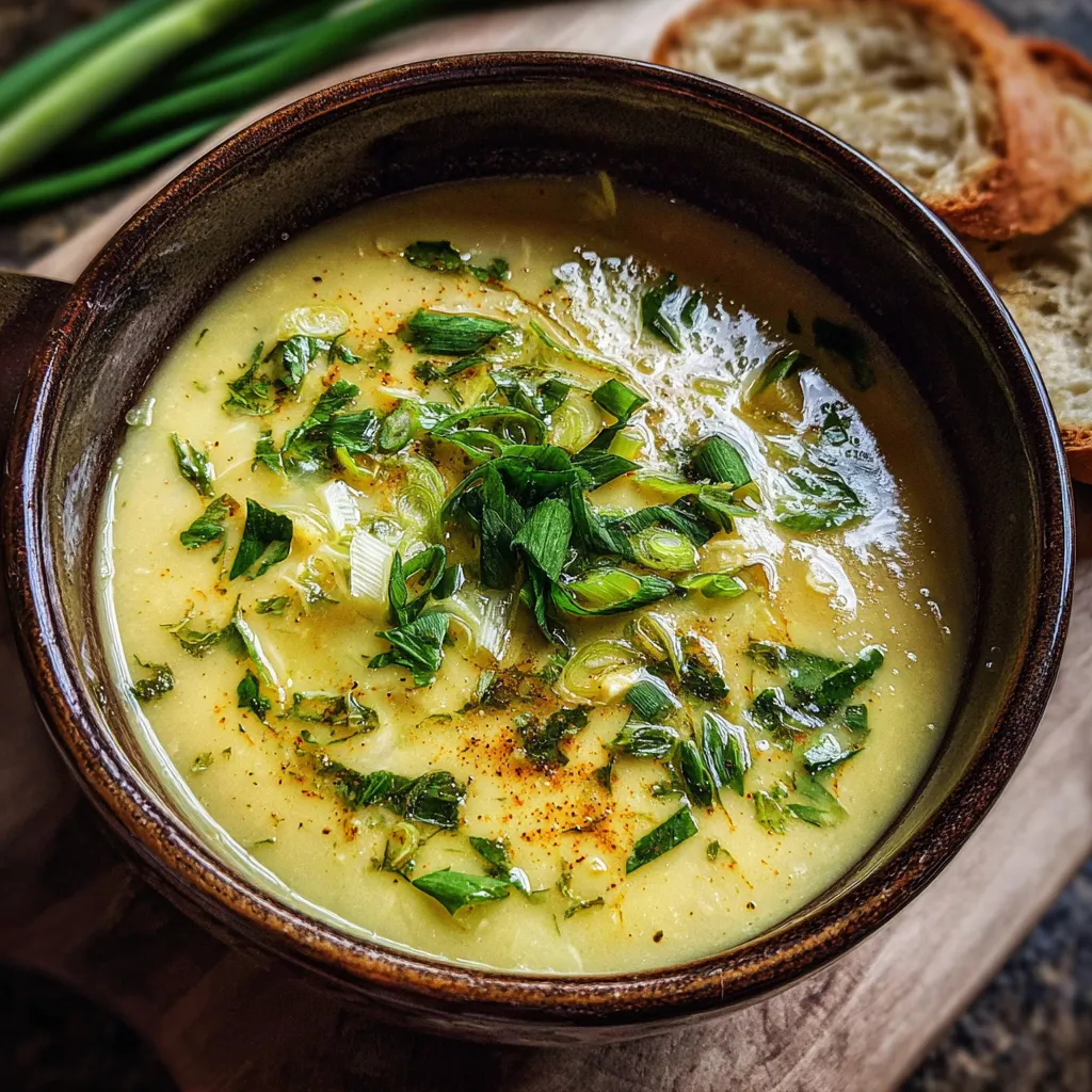 A bowl of soup with green herbs in it.