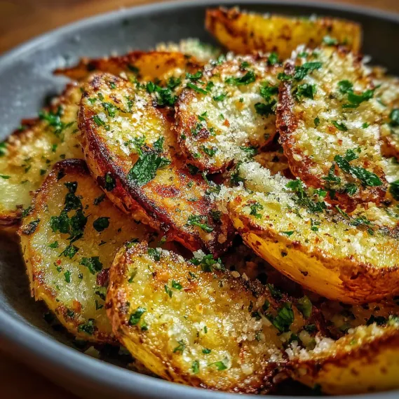 A bowl of fried potatoes with cheese and herbs.