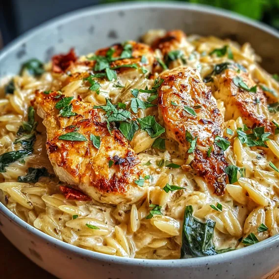 A bowl of pasta with chicken and herbs.