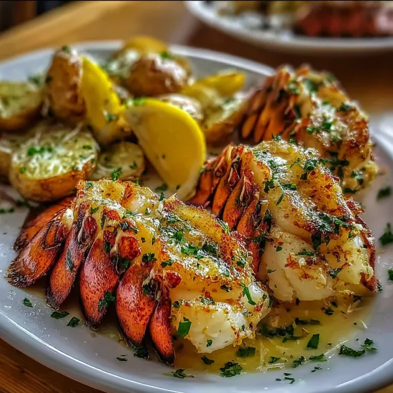 A plate of food with shrimp, potatoes, and lemon.