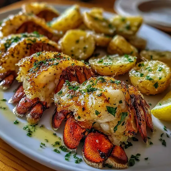 A plate of food with shrimp, potatoes, and lemon.