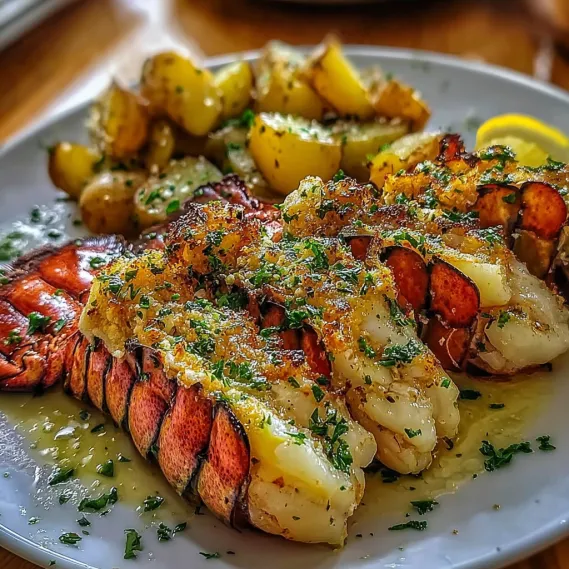 A plate of food with lobster, potatoes, and lemon.