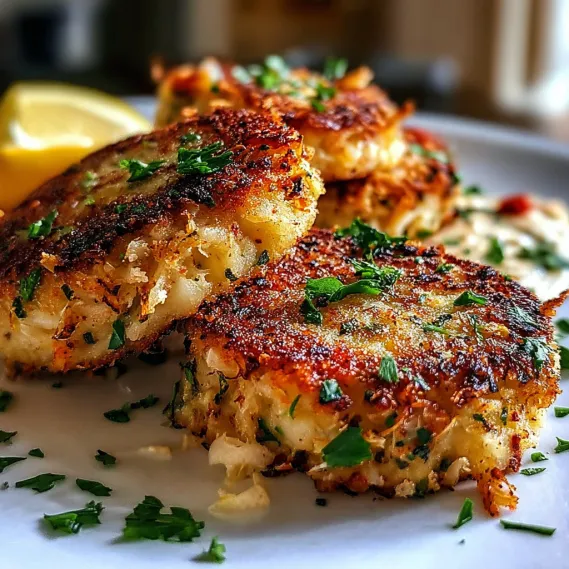 A plate of crab cakes with a lemon wedge on the side.