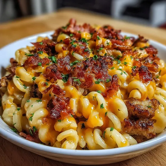 A bowl of macaroni and cheese with bacon.