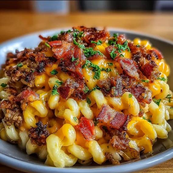 A plate of macaroni and cheese with bacon.