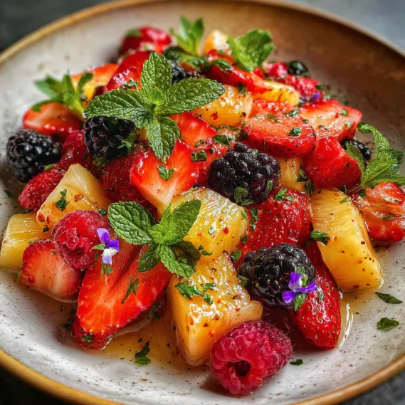 A bowl of fruit with strawberries, raspberries, and mango.