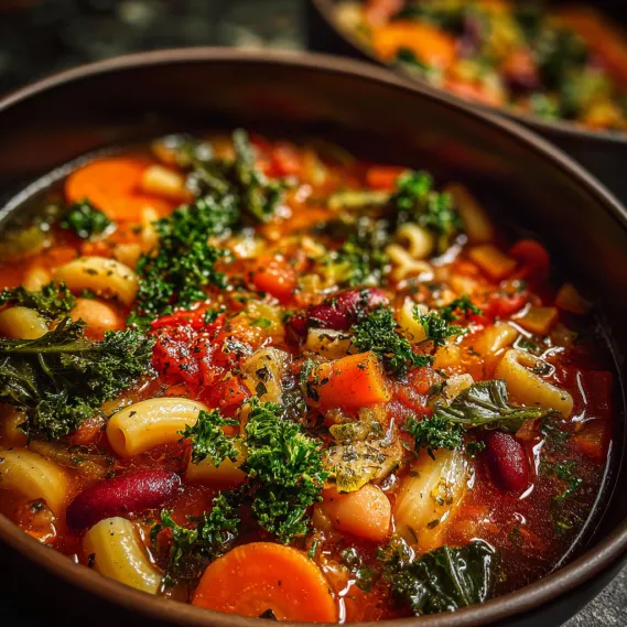 A bowl of soup with vegetables and pasta.