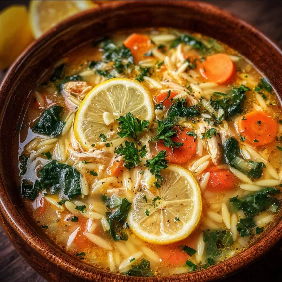 A bowl of soup with lemon slices and carrots.