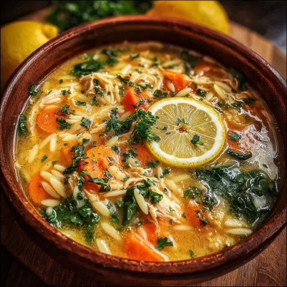 A bowl of soup with a lemon slice on top.