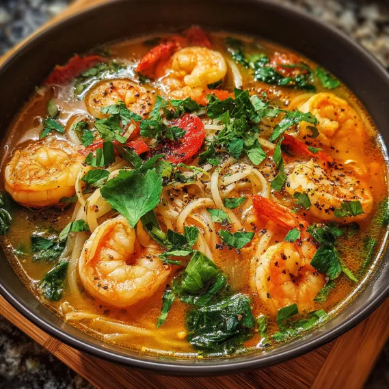 A bowl of shrimp soup with a spoon in it.